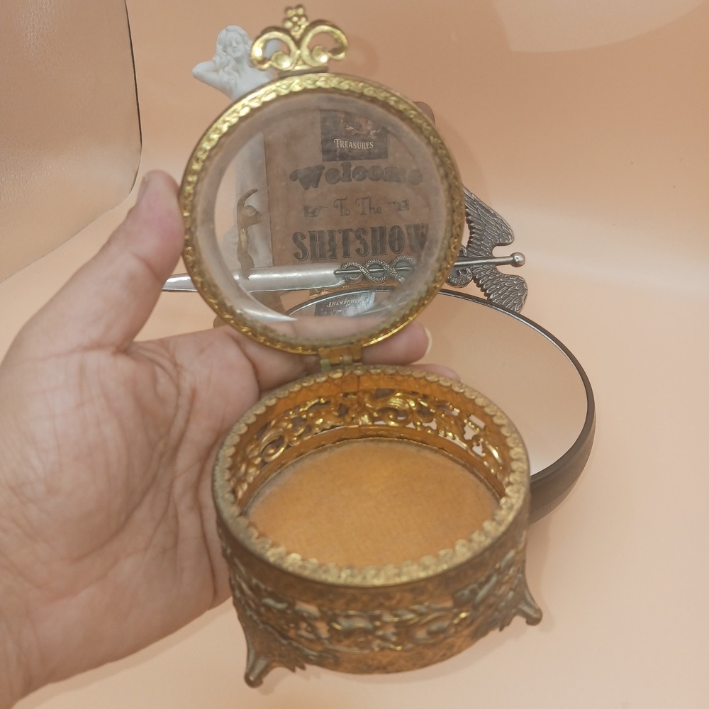 Vintage Gold Ormolu Beveled Glass Jewelry Casket Round Filigree Trinket Box 3"